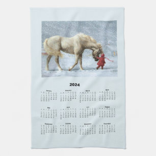 Linge De Cuisine Calendrier 2024 d'un cheval et d'une fille en neig