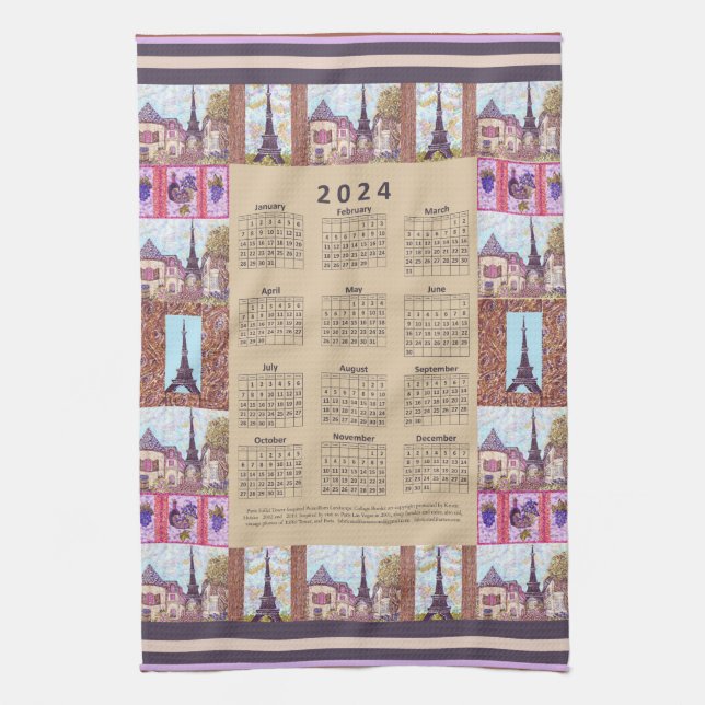 Linge De Cuisine Calendrier 2024 Paris Tour Eiffel Pointillisme Art (Vertical)