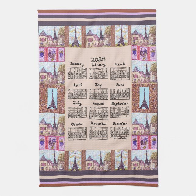 Linge De Cuisine Calendrier 2025 Paris Tour Eiffel Pointillisme Art (Vertical)