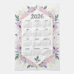 Linge De Cuisine Calendrier 2026 Aquarelle violet vert botanique