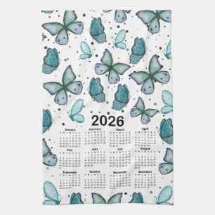 Linge De Cuisine Calendrier 2026 Blue Green Butterflies Motif