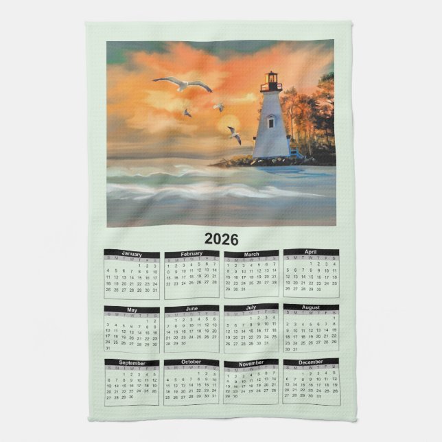 Linge De Cuisine Calendrier 2026 d'un phare blanc au coucher du sol (Vertical)