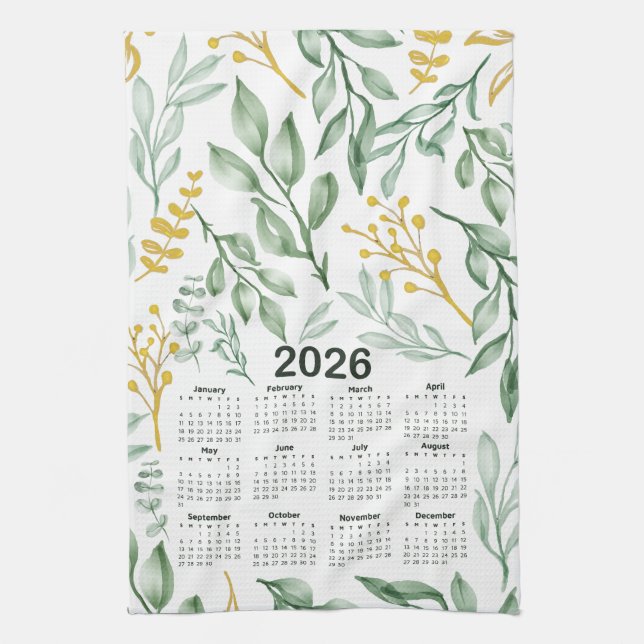 Linge De Cuisine Calendrier 2026 Feuilles verts & Floral jaune doré (Vertical)