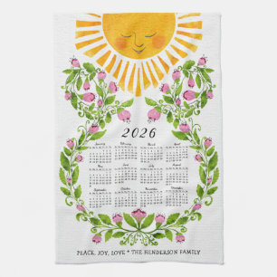 Linge De Cuisine Calendrier 2026 Fleurs roses mignonnes Soleil Flor