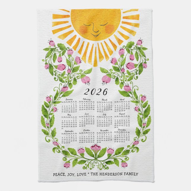 Linge De Cuisine Calendrier 2026 Fleurs roses mignonnes Soleil Flor (Vertical)
