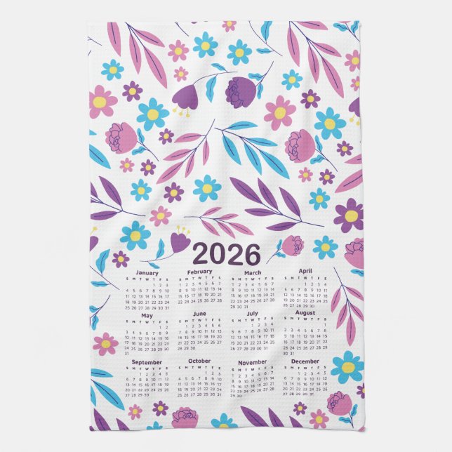 Linge De Cuisine Calendrier 2026 Modèle Floral bleu et violet (Vertical)