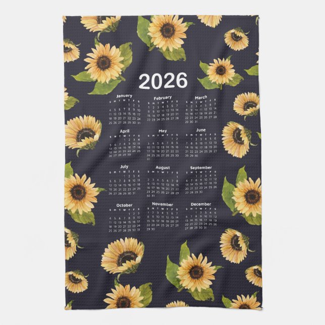 Linge De Cuisine Calendrier 2026 Motif d'aquarelle de tournesols (Vertical)