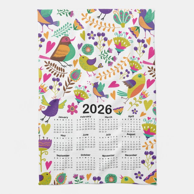 Linge De Cuisine Calendrier 2026 Oiseaux et fleurs roses et violett (Vertical)