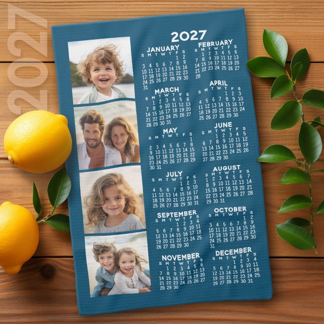 Linge De Cuisine Calendrier 2027 avec 4 collages de photos Bleu (2027 Calendar on a Kitchen Towel)