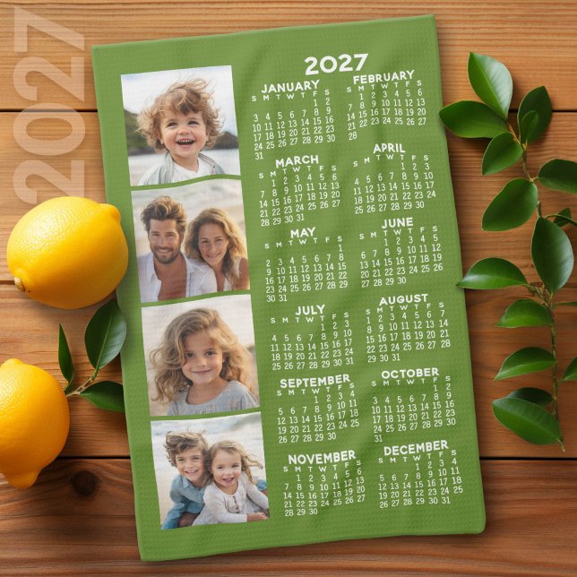 Linge De Cuisine Calendrier 2027 avec collage de 4 photos - Vert (2027 Calendar on a Kitchen Towel)