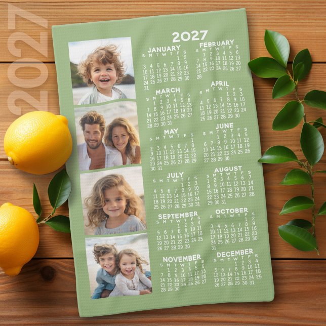 Linge De Cuisine Calendrier 2027 avec collage de 4 photos - Vert sa (2027 Calendar on a Kitchen Towel)