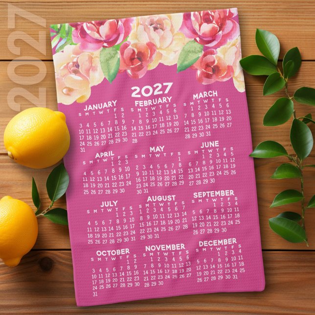 Linge De Cuisine Calendrier 2027 Fleurs aquarelle rose chaud (2027 Calendar on a Kitchen Towel)