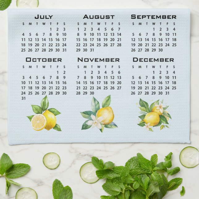 Linge De Cuisine Calendrier 2027 style italien Citrons Fond bleu (Plié)