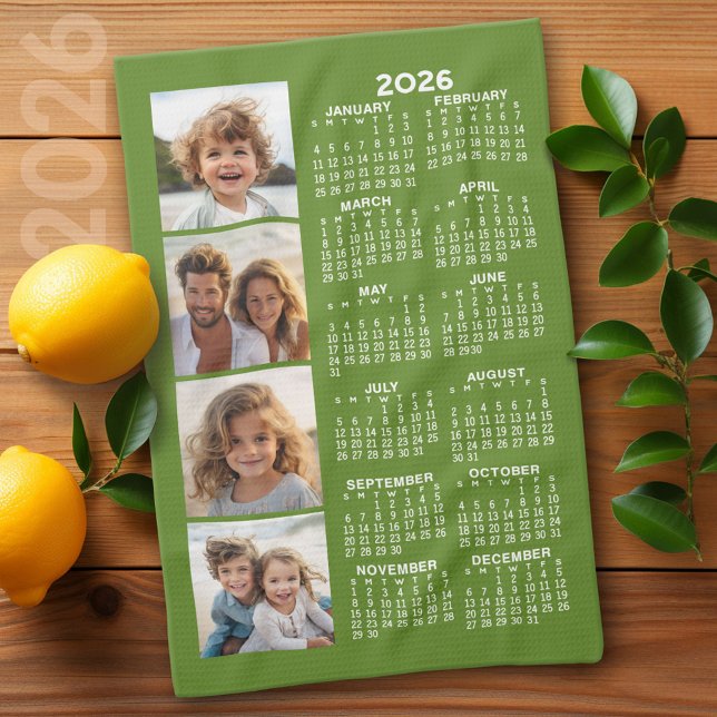 Linge De Cuisine Calendrier avec 4 photo Collage - Vert (2026 Calendar)