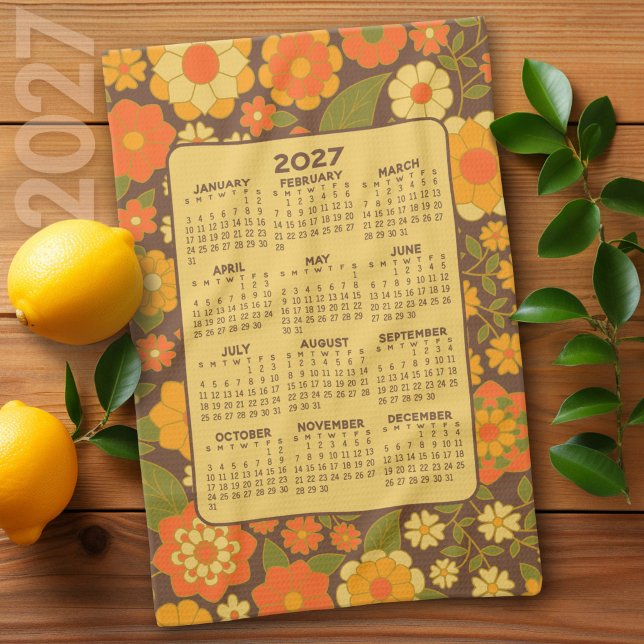 Linge De Cuisine Calendrier de l'année 2027 - Fleurs Rétro - Vert M (2027 Calendar on a Kitchen Towel)