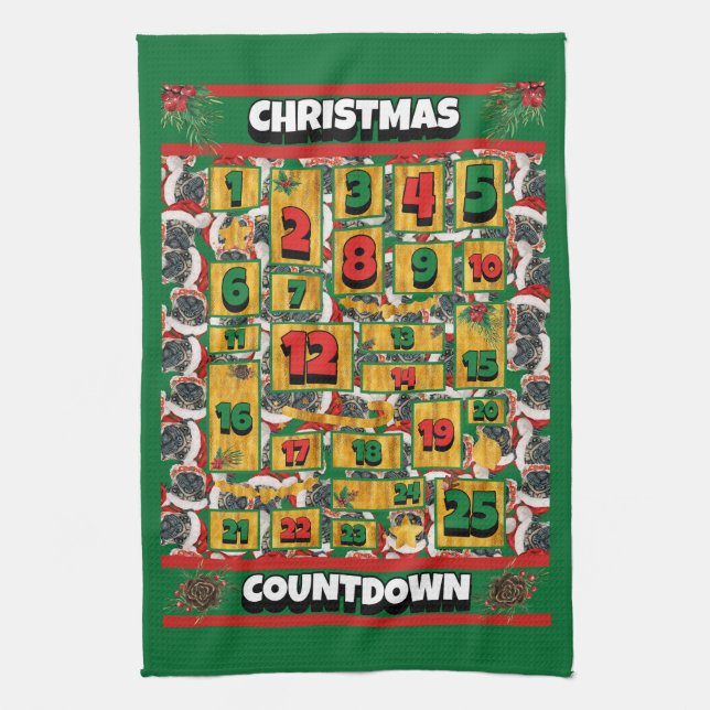 Linge De Cuisine Calendrier de l'Avent de Noël Pug Chiens (Vertical)