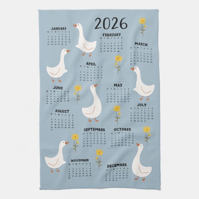 Linge De Cuisine Calendrier Fleur sauvage et oie jaune 2026 - Bleu (Vertical)