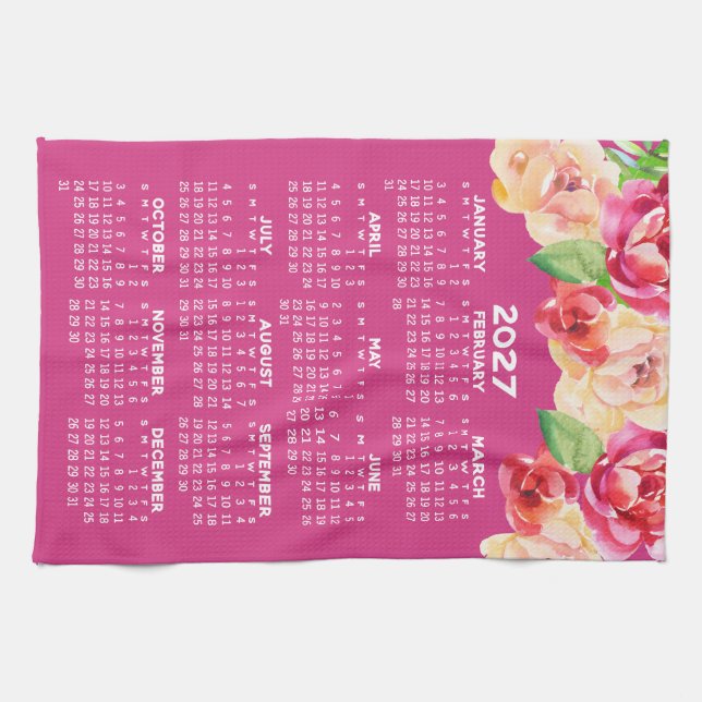 Linge De Cuisine Calendrier Fleurs Aquarelle Rose Chaud (Horizontal)