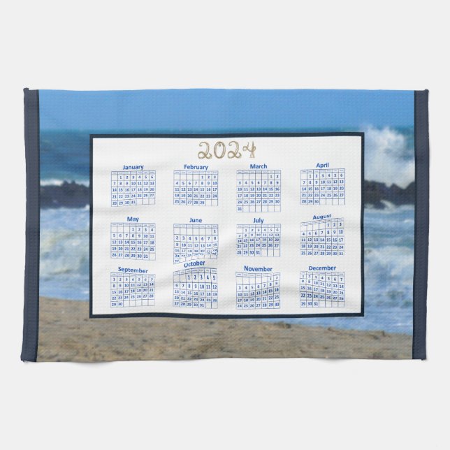 Linge De Cuisine Calendrier Ocean Waves Beach Rocks 2024 Photo (Horizontal)