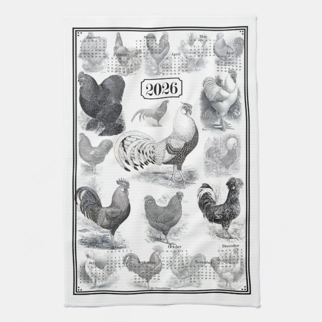Linge De Cuisine Calendrier vintage Rooster 2026 (Vertical)