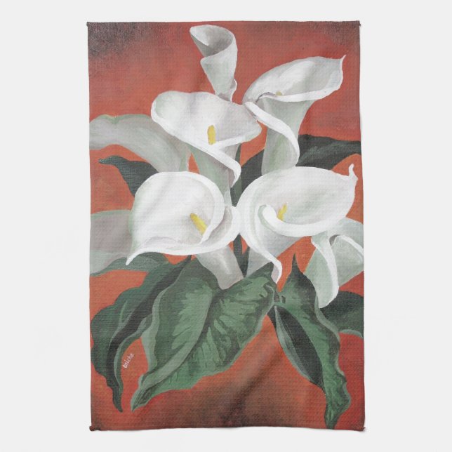 Linge De Cuisine Calla Lilies Sur Un Arrière - plan Rouge (Vertical)