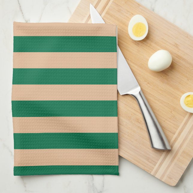 Linge De Cuisine Camel Beige & Classic Green Stripe (Quart Plié)