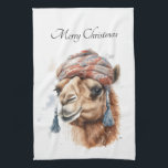 Linge De Cuisine Camel de Noël, personnalisable<br><div class="desc">aquarelle d'un chameau avec un casquette d'hiver en laine rose en laine en style noël</div>