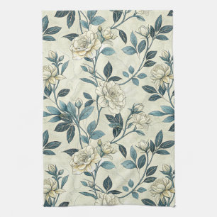 Linge De Cuisine Camélia ivoire Indigo Chinoiserie Botanique
