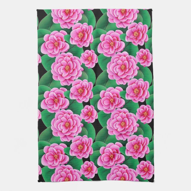Linge De Cuisine Camélias rose fuchsia et feuilles vert jade (Vertical)