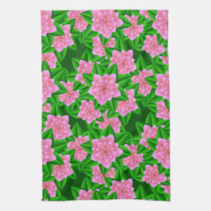 Linge De Cuisine Camélias rose glacé et feuilles vertes