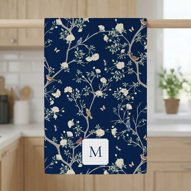 Linge De Cuisine Camellia Garden Navy Blue Monogrammé  (Camellia Garden Navy Kitchen Towel)