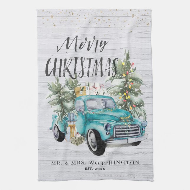 Linge De Cuisine Camion de Ferme Rustique | Thé de Noël Monogramme (Vertical)