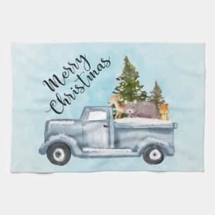 Linge De Cuisine Camion de Noël avec pins et animaux de forêt