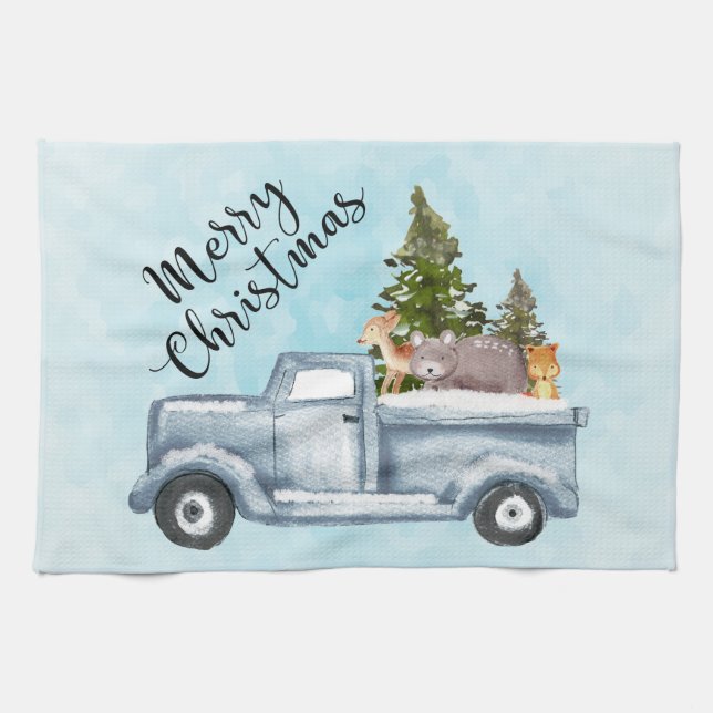 Linge De Cuisine Camion de Noël avec pins et animaux de forêt (Horizontal)