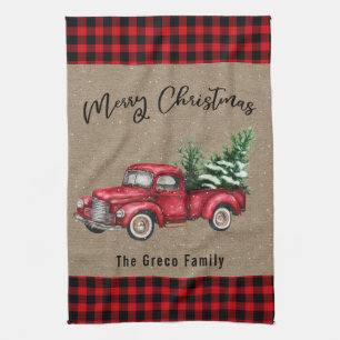 Linge De Cuisine Camion rouge vintage avec famille de Noël Arbre Pl