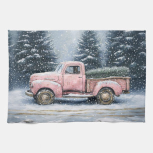 Linge De Cuisine Camion Vintage rose qui monte un arbre de Noël