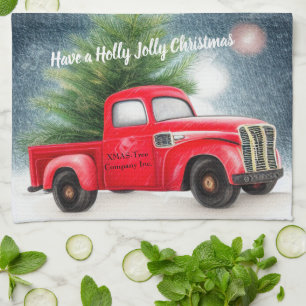 Linge De Cuisine Camion vintage rouge et arbre vacances sur mesure