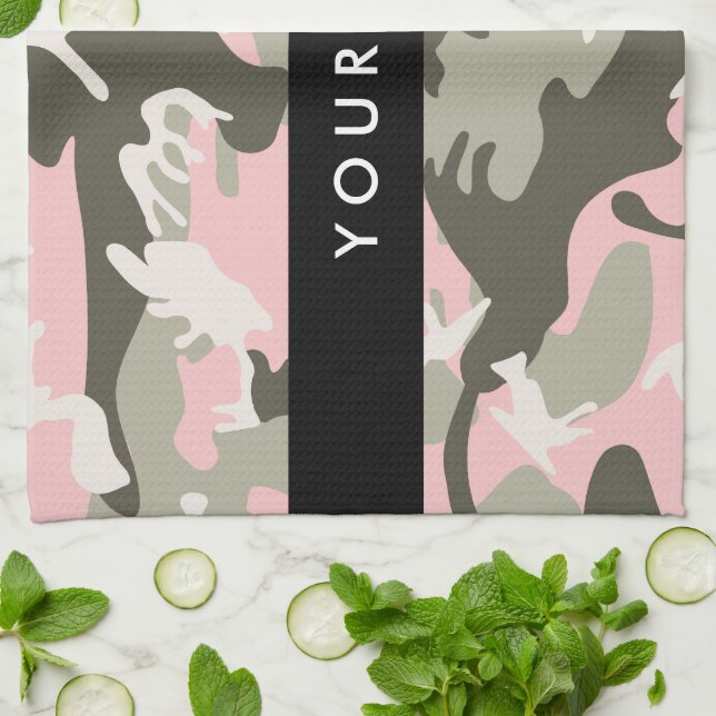 Linge De Cuisine Camouflage rose et vert Votre nom Personnalisez (Plié)