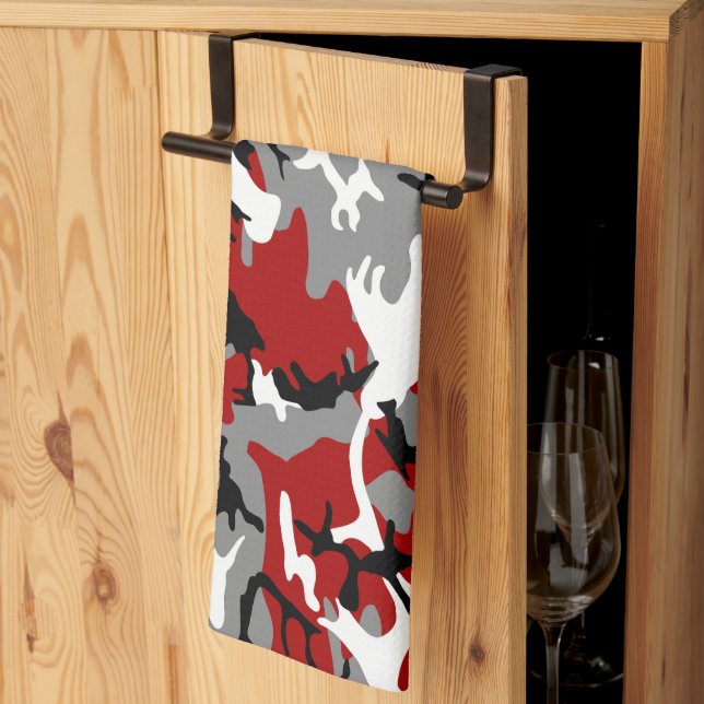 Linge De Cuisine Camouflage rouge et gris, Militaire, Armée (Pliage en tiers)