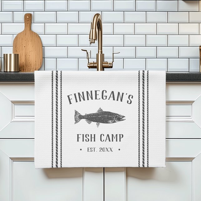 Linge De Cuisine Camp de poisson rustique au charbon et blanc Perso (Créateur téléchargé)