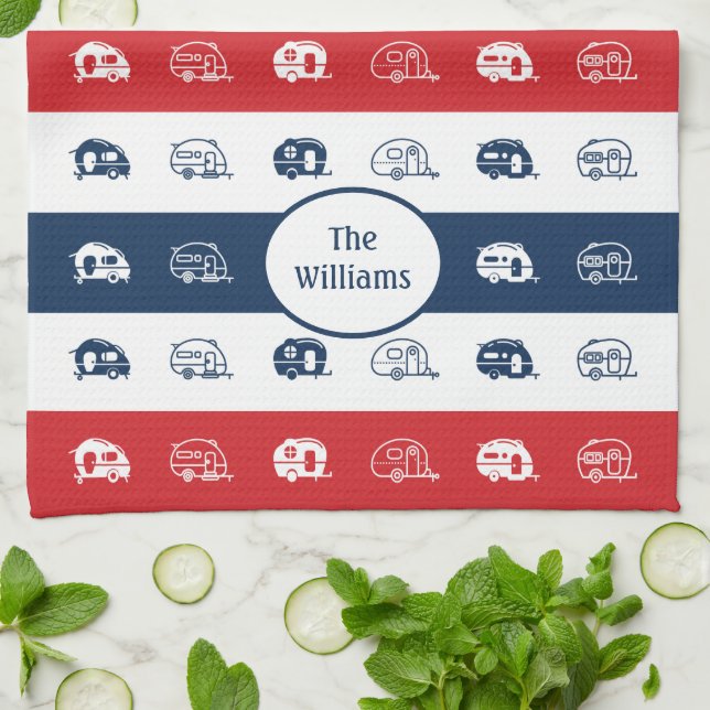 Linge De Cuisine Campers de nom de famille patriotique, rouge, blan (Plié)