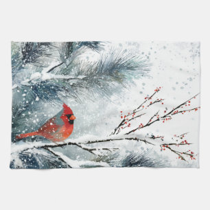 Linge De Cuisine Cardinal rouge sur branche de pin enneigée