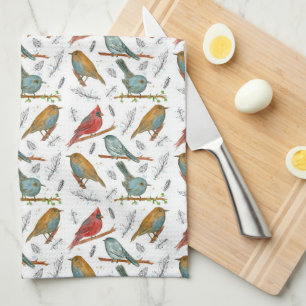 Linge De Cuisine Cardinaux Bluebirds Chickadee Aquarelle Faune