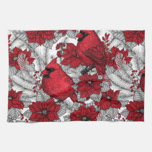 Linge De Cuisine Cardinaux et poinsettia en rouge et blanc
