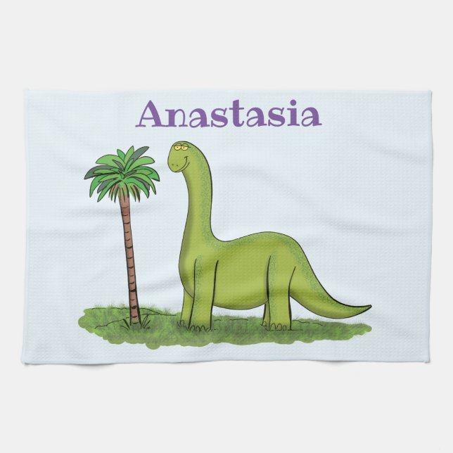 Linge De Cuisine Caricature de dinosaure de brontosaurus vert migno (Horizontal)