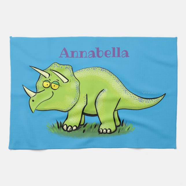Linge De Cuisine Caricature de dinosaure de triceratops vert mignon (Horizontal)