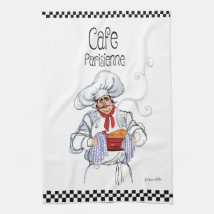 Linge De Cuisine Caricature de gros cuisinier français avec carreau