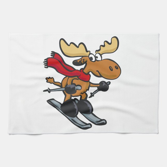 Linge De Cuisine Caricature de Moose Skier| choisir la couleur arri (Horizontal)