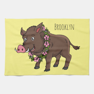 Linge De Cuisine Caricature mignonne sanglier et fleurs