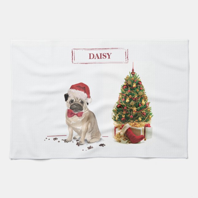 Linge De Cuisine Carlin drôle Chien de Noël avec arbre (Horizontal)